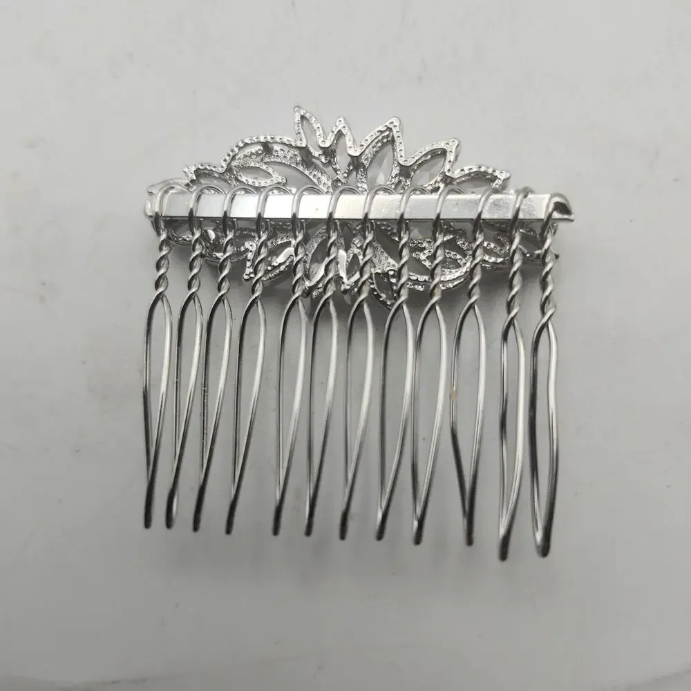 Silver Tone Rhinestone Bridal Hair Comb Pair Floral Leaf Wedding Prom Accessory